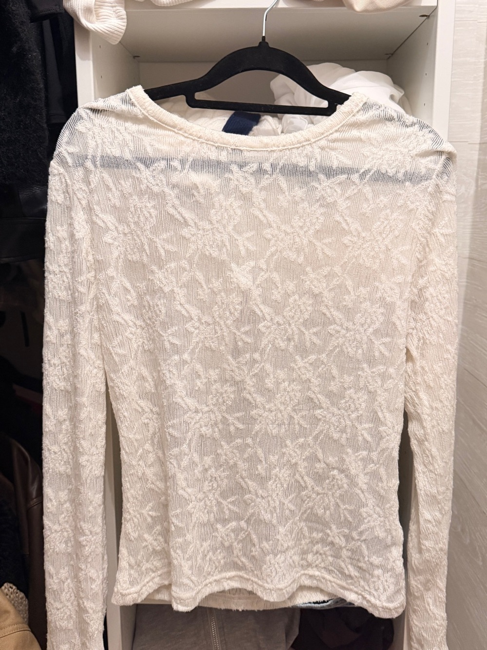 Sheer Floral Mesh Lace Long-Sleeve Top in Ivory Cream